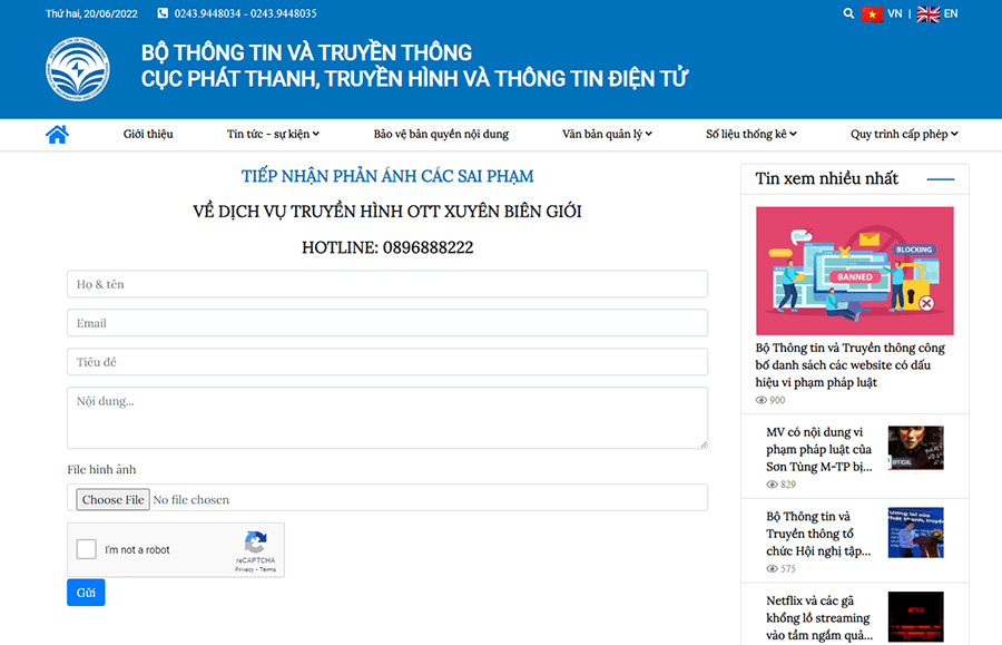 Thiết lập cổng thông tin tiếp nhận, phản ánh các sai phạm về truyền hình trên internet xuyên biên giới