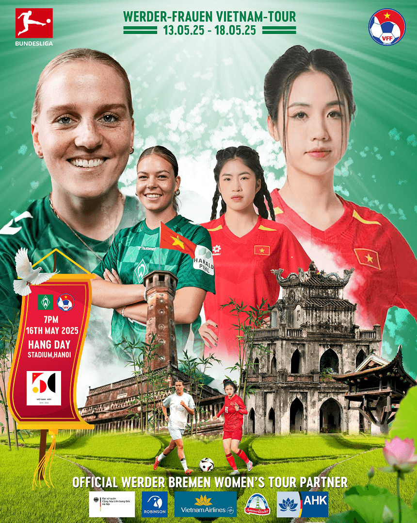 Đội tuyển bóng đá nữ Việt Nam sẽ đá giao hữu với đội bóng đá nữ SV Werder Bremen tại Hà Nội