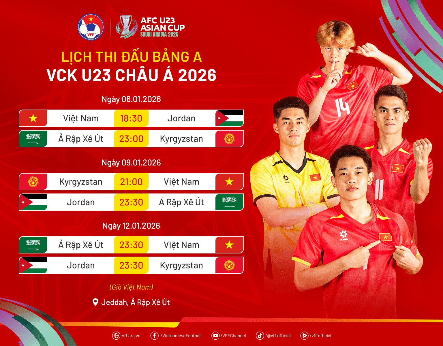 Lịch thi đấu U23 Việt Nam tại vòng chung kết châu Á 2026 mới nhất